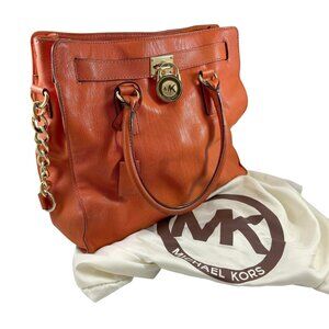 Michael Kors Large Hamilton Purse Hobo Bag North South Orange Leather Tote